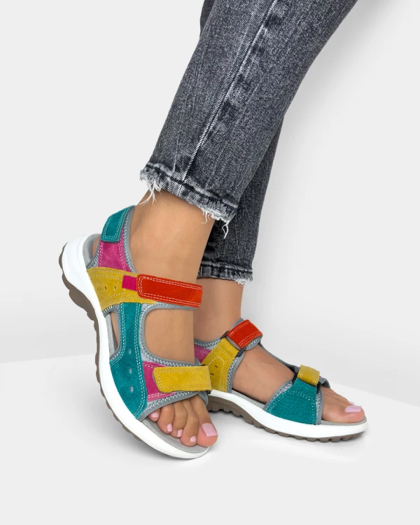 Wielokolorowe sandały damskie ze skóry welurowej na rzepy