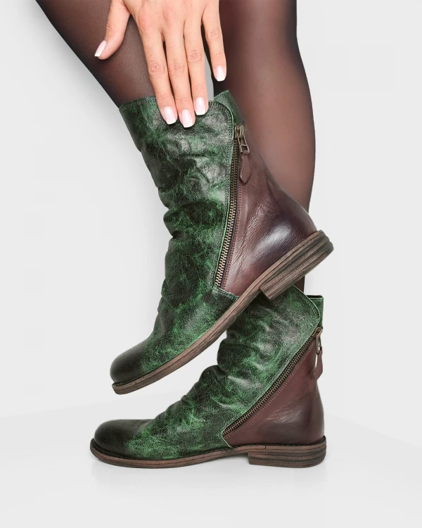 Zielone botki damskie skórzane na niskim obcasie
