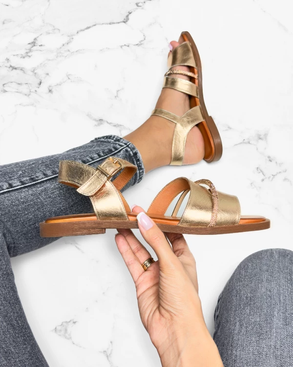 Złote sandały damskie skórzane z cyrkoniami