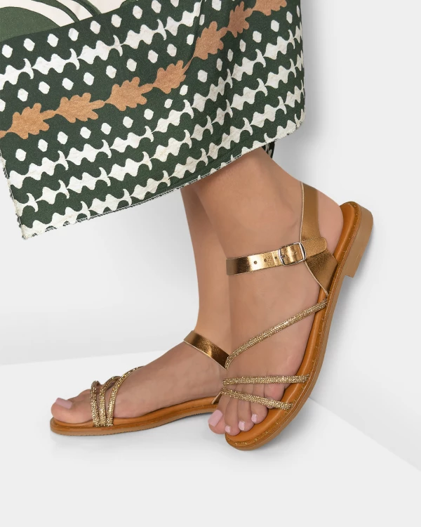 Złote sandały ze skóry naturalnej z cyrkoniami